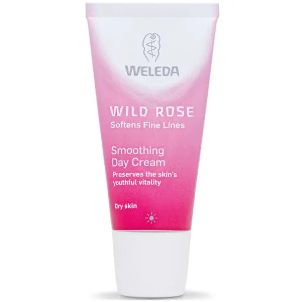 Weleda Wild Rose Smoothing Day Cream in a 30ml jar, featuring a delicate pink rose design, on a clean background.