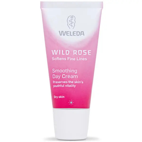 Weleda Wild Rose Smoothing Day Cream in 30ml jar with pink rose design, featuring a white lid and elegant packaging.