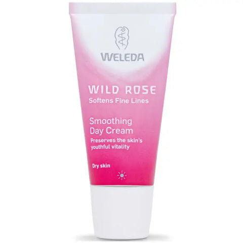 Weleda Wild Rose Smoothing Day Cream in 30ml jar with pink rose design, featuring a white lid and elegant packaging.