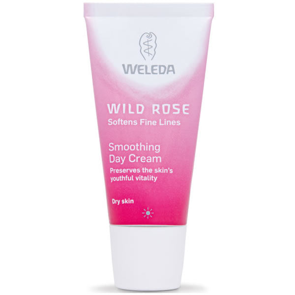 Weleda Wild Rose Smoothing Day Cream in a 30ml jar, featuring a pink and white packaging with a rose illustration.