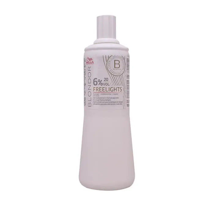 Wella Blondor Freelights Developer 6% in a 1000ml bottle, used for hair lightening, by Jag Couture London New York.