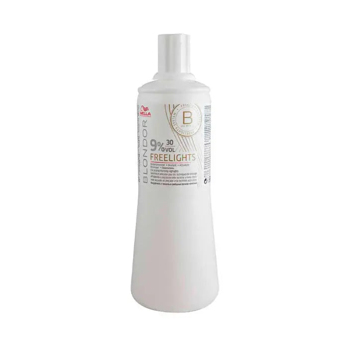 Wella Blondor Freelights Developer 9% 1000ml bottle, hair lightening product from Jag Couture London New York, with label visible.
