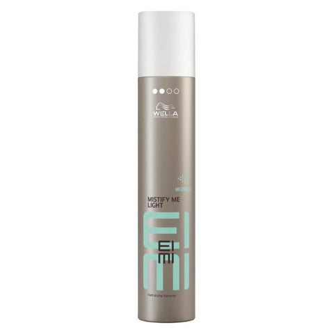 Wella Eimi Mistify Light fast-drying hairspray Level 2 in 300ml spray bottle, with brand label and product packaging visible.