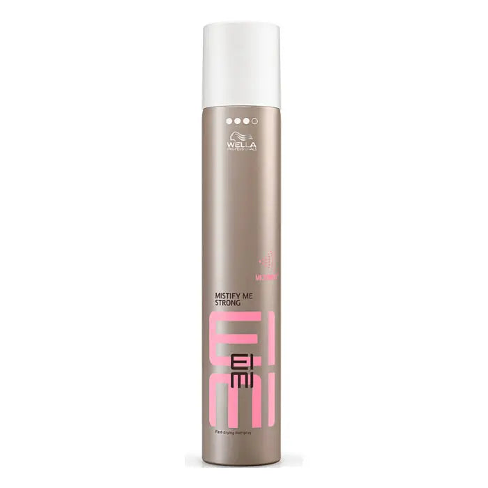 Wella Eimi Mistify Strong Fast Drying Hairspray Level 3 in 500ml bottle, styled hair with firm hold and matte finish.