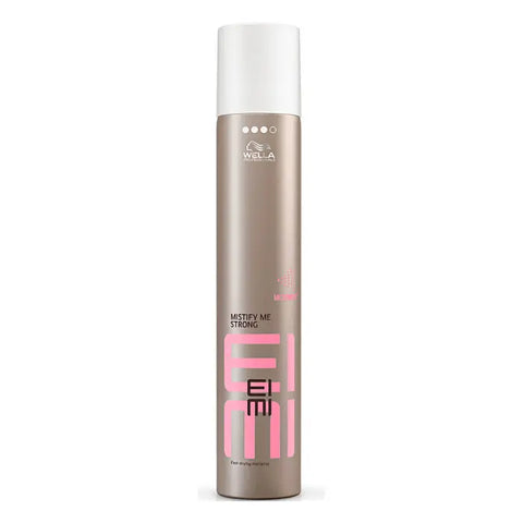 Wella Eimi Mistify Strong Fast Drying Hairspray Level 3 in 500ml bottle, styled hair with firm hold and matte finish.