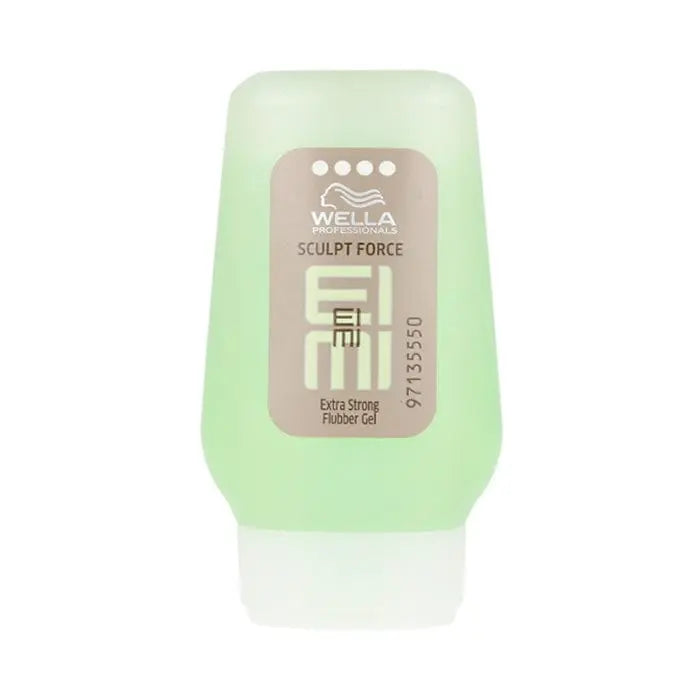 Wella Eimi Sculp Force Strong Flubber Gel in 28ml jar, showcasing the gel's vibrant texture and unique styling formula.