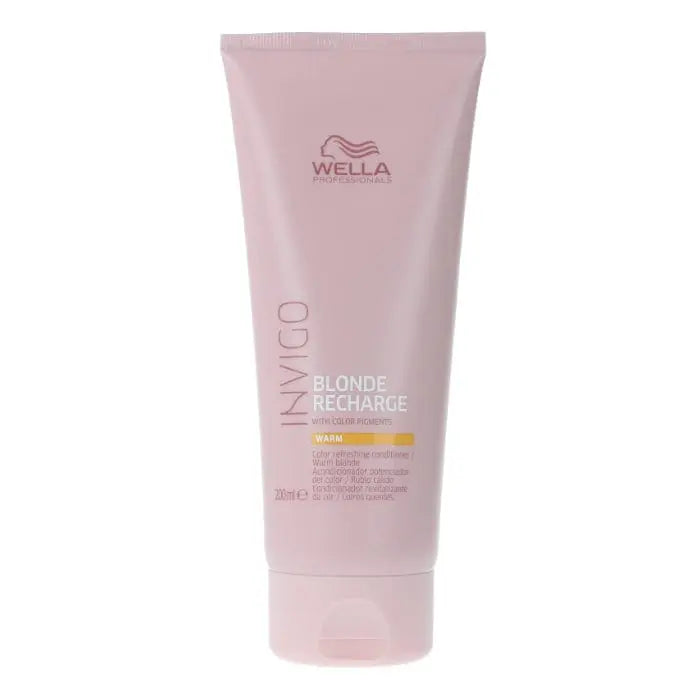 Wella Invigo Blonde Recharge color refreshing conditioner in warm formula, 200ml, with nourishing ingredients for blonde hair care.