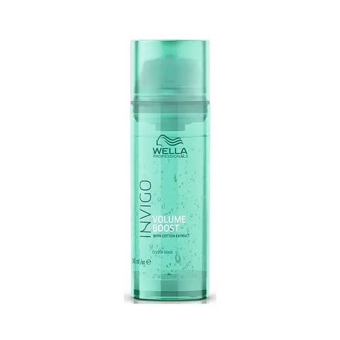 Wella Invigo Volume Boost Crystal Mask 145ml in a jar, designed to add volume and shine to hair, with a clear, glossy appearance.