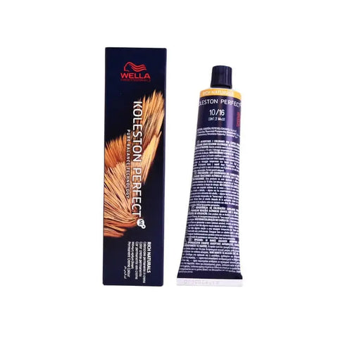 Wella Koleston Perfect Me+ 10/16 Rich Naturals hair color in 60ml tube, displayed with brand branding in the background