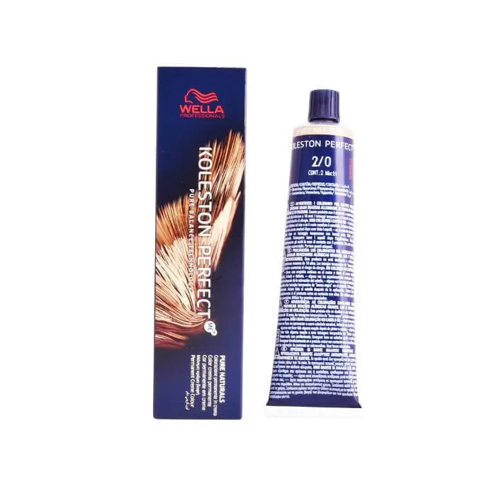 Wella Koleston Perfect Me+ 2/0 Pure Naturals hair color in a 60ml bottle, displayed with branding from Jag Couture London New York