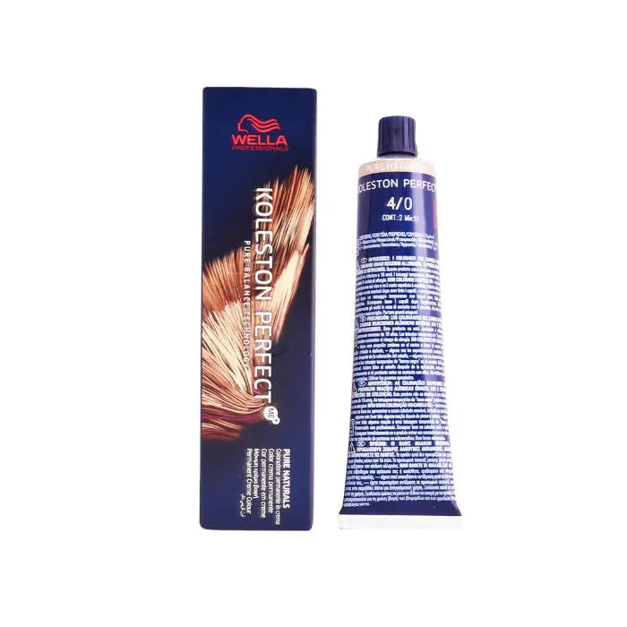 Wella Koleston Perfect Me+ 4/0 Pure Naturals hair dye in 60ml bottle, with brand label showing Jag Couture London New York