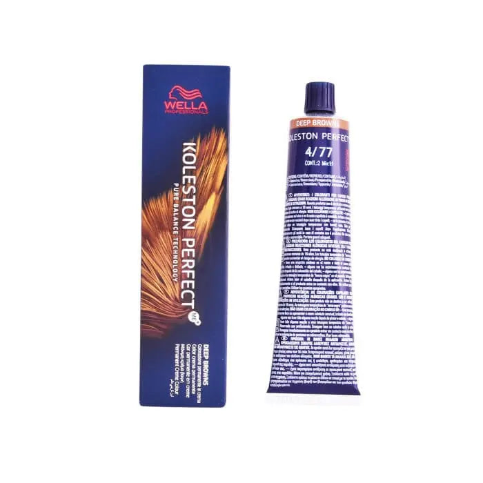 Wella Koleston Perfect Me+ 4/77 Deep Browns hair dye tube from Jag Couture London New York, showing the product packaging.