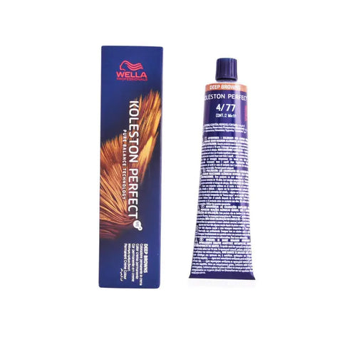 Wella Koleston Perfect Me+ 4/77 Deep Browns hair dye in 60ml tube, shown with branding from Jag Couture London New York