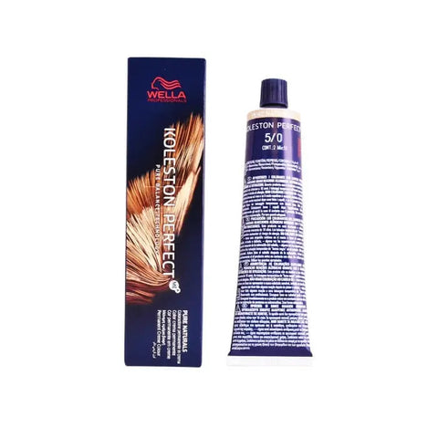 Wella Koleston Perfect Me+ 5/0 Pure Naturals hair dye in 60ml bottle, displayed with branding from Jag Couture London New York