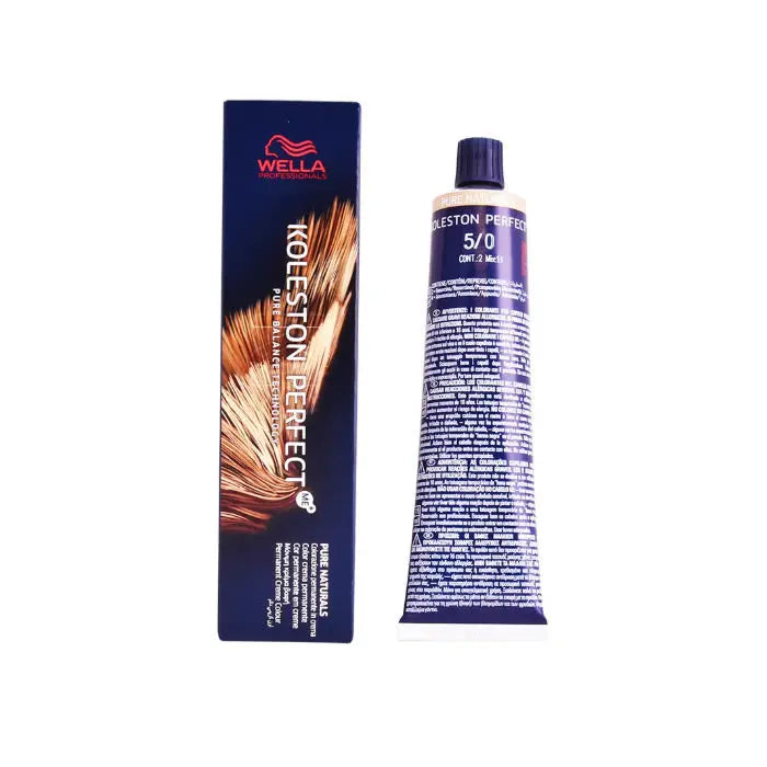 Wella Koleston Perfect Me+ 5/0 Pure Naturals hair dye in 60ml tube, shown with packaging and branding from Jag Couture London New York