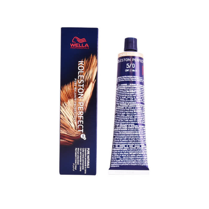 Wella Koleston Perfect Me+ 5/0 Pure Naturals hair dye in 60ml tube, displayed with packaging from Jag Couture London - New York