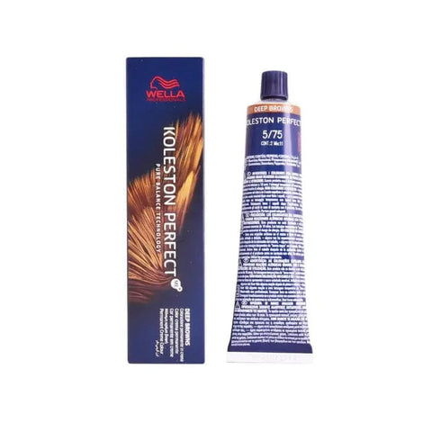 Wella Koleston Perfect Me+ 5/75 Deep Browns hair color in 60ml tube, shown with packaging from Jag Couture London New York