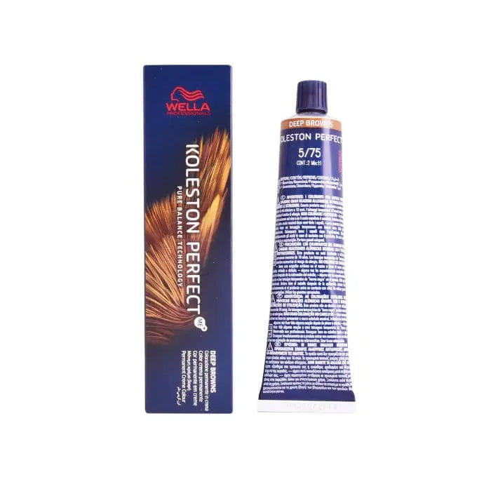 Wella Koleston Perfect Me+ 5/75 Deep Browns hair dye bottle, 60ml, from Jag Couture London New York, with color swatch beside.
