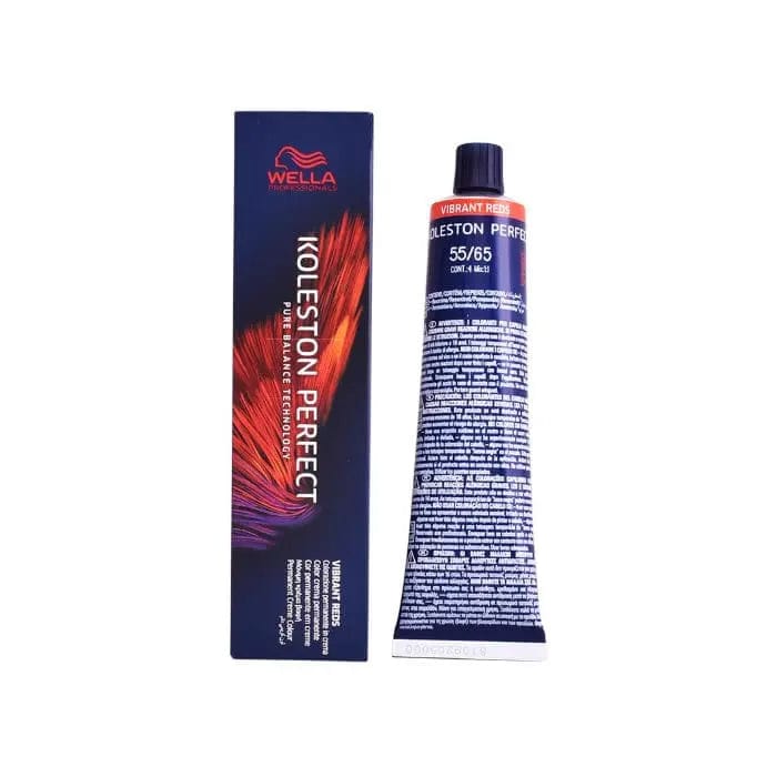 Wella Koleston Perfect Me+ Vibrant Reds hair dye in 60ml tube, shown with bright red and orange shades, by Jag Couture London New York