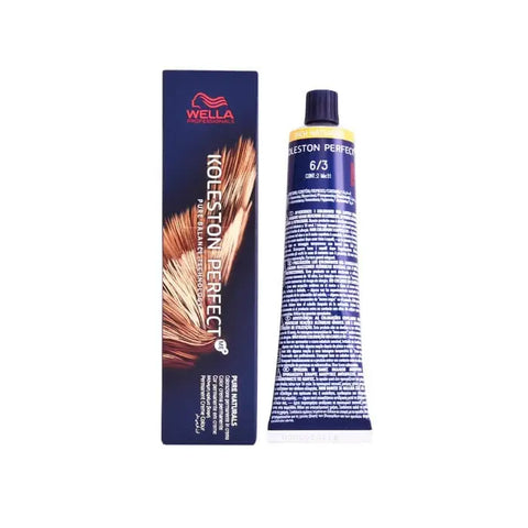 Wella Koleston Perfect Me+ 6/3 Rich Naturals hair dye bottle with branding, 60ml size, by Jag Couture London New York