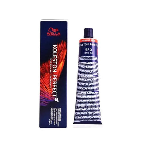 Wella Koleston Perfect Me+ 6/5 Vibrant Reds hair dye in 60ml tube, displayed with packaging from Jag Couture London New York