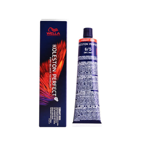 Wella Koleston Perfect Me+ 6/5 Vibrant Reds hair dye in 60ml tube, shown with vibrant red color and packaging.