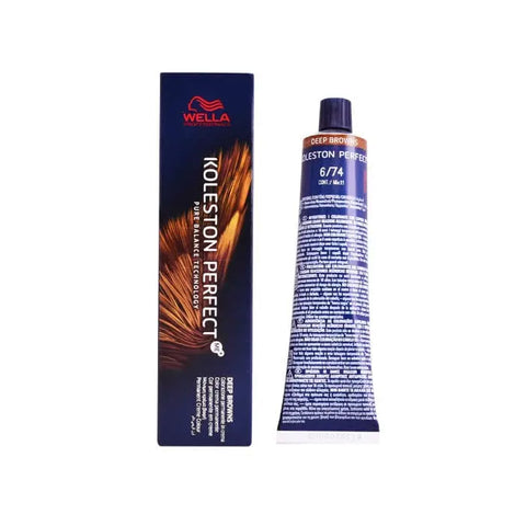 Wella Koleston Perfect Me+ 6/74 Deep Browns hair dye bottle, 60ml, from Jag Couture London - New York, with product label visible