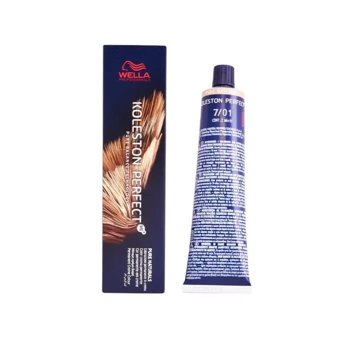 Wella Koleston Perfect Me+ 7/01 Pure Naturals hair dye in 60ml tube, displayed with brand name Jag Couture London New York