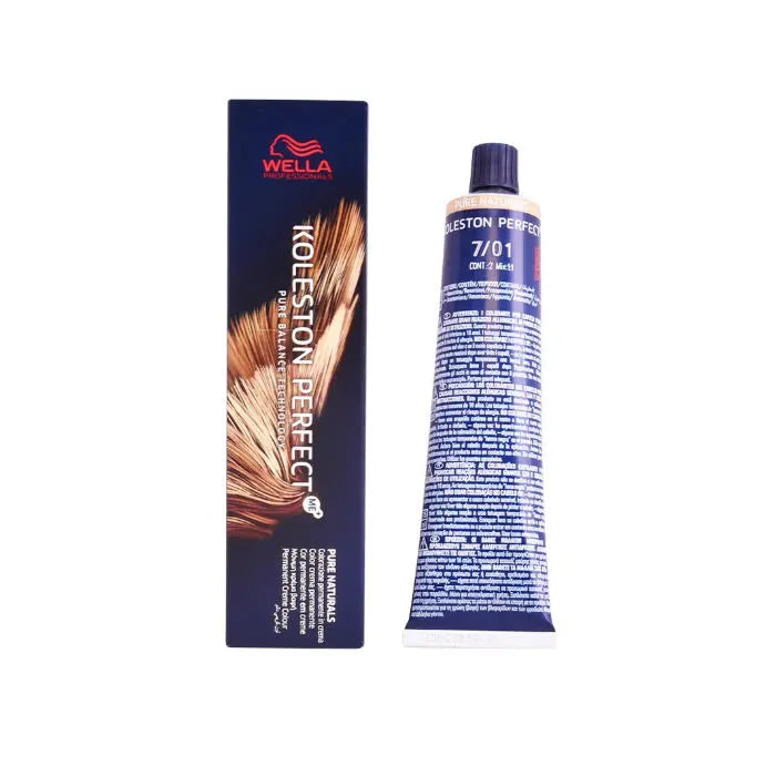 Wella Koleston Perfect Me+ 7/01 Pure Naturals hair color in a 60ml tube, displayed with branding from Jag Couture London New York