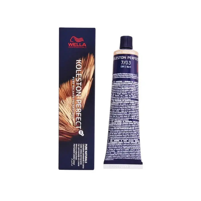 Wella Koleston Perfect Me+ 7/03 Pure Naturals hair color in 60ml bottle, displayed with branding from Jag Couture London New York