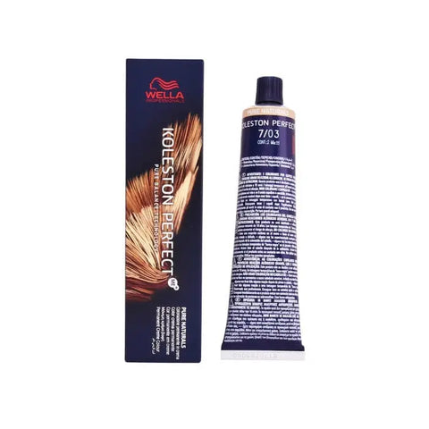 Wella Koleston Perfect Me+ 7/03 Pure Naturals hair color in 60ml bottle, displayed with branding from Jag Couture London New York