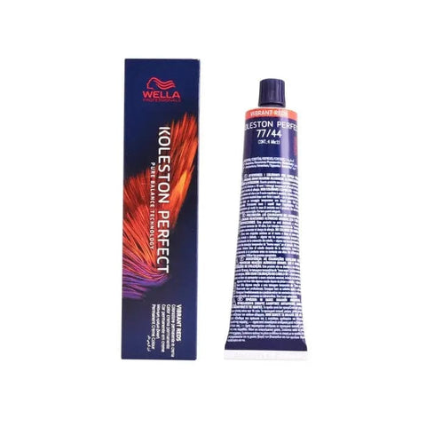 Wella Koleston Perfect Me+ 77/44 Vibrant Reds hair dye tube from Jag Couture London, 60ml for vibrant red hair color.
