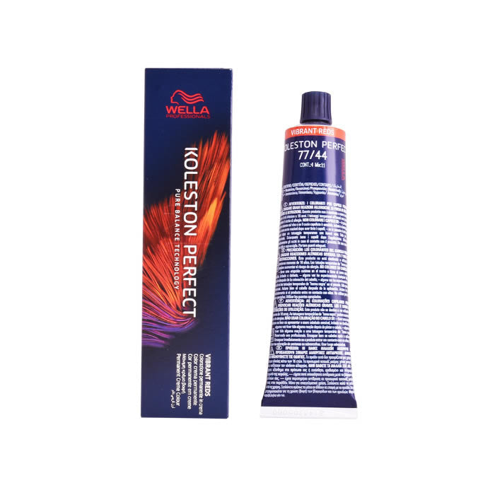 Wella Koleston Perfect Me+ 77/44 Vibrant Reds hair dye tube, 60ml, with vibrant red color and professional brand packaging.