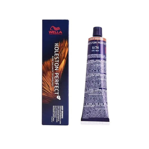 Wella Koleston Perfect Me+ 8/74 Deep Browns hair color in 60ml tube, displayed with brand packaging from Jag Couture London New York