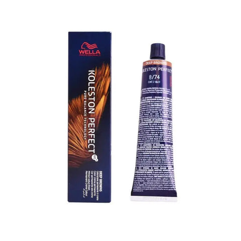 Wella Koleston Perfect Me+ 8/74 Deep Browns hair dye in 60ml bottle, with brand label Jag Couture London - New York.