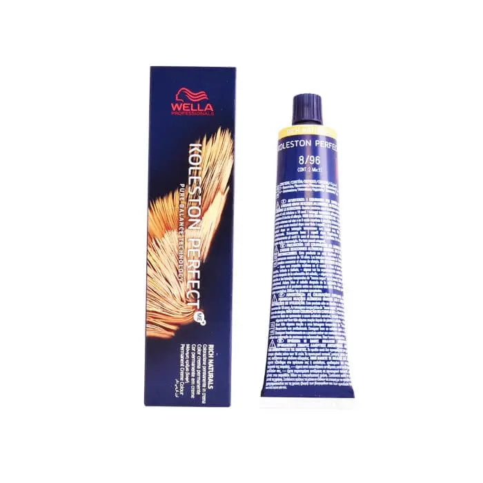 Wella Koleston Perfect Me+ 8/96 Rich Naturals hair color tube, 60ml, displayed with branding from Jag Couture London New York