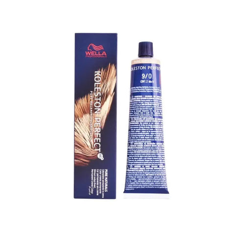 Wella Koleston Perfect Me+ 9/0 Pure Naturals hair dye bottle with branding from Jag Couture London New York.