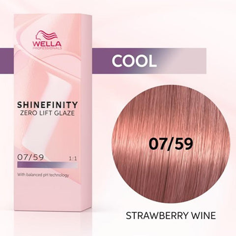 Wella Shinefinity Zero Lift Glaze Tinte 07-59 Strawberry Wine, 60ml, in a container with vibrant strawberry wine color.