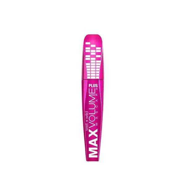 Wet N Wild Max Volume Plus Mascara in black, with bristle brush and sleek tube, designed to enhance lash volume.