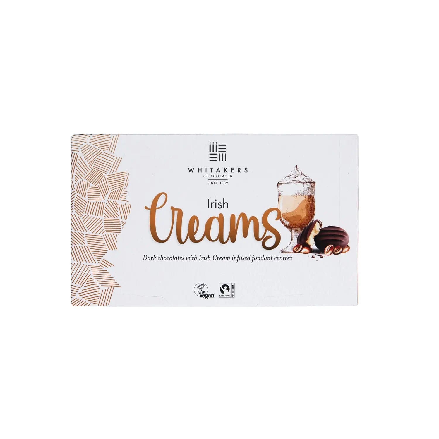 Dark chocolate-covered Irish cream fondant creams by Whitakers in a carton, from Jag Couture London - New York, shown in a box.