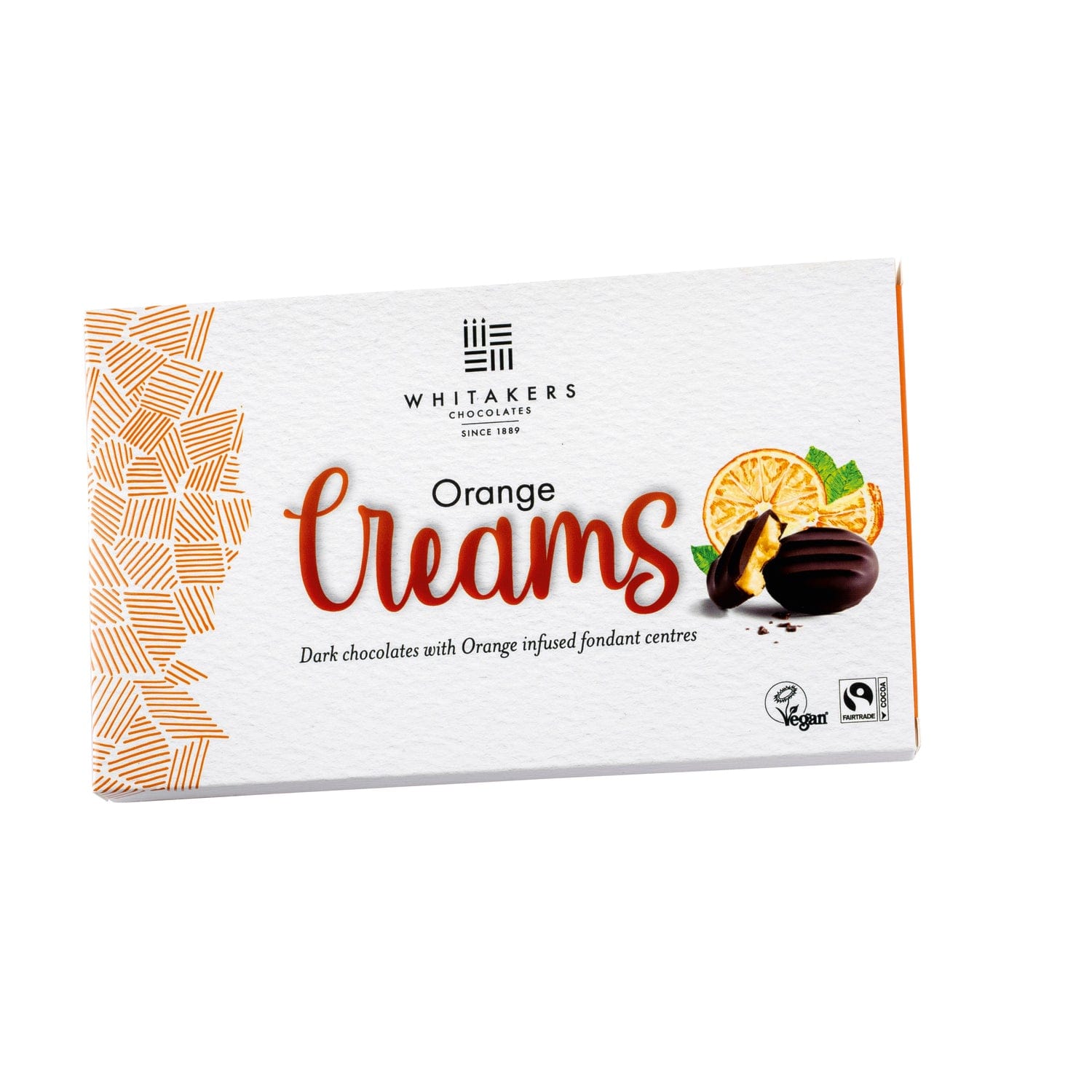 Dark chocolate-covered orange fondant creams by Whitakers in a carton, crafted by Jag Couture London New York.