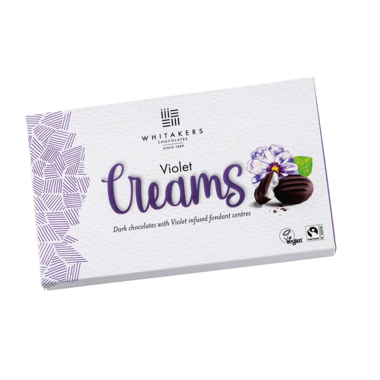 Dark chocolate covered violet fondant creams by Whitakers in a carton, from Jag Couture London - New York.