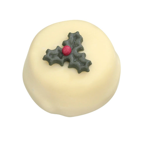 White Caramel chocolate from Jag Couture London featuring white chocolate with caramel filling and holly decoration.