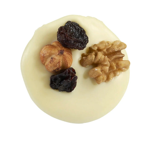 White Mendiant by Jag Couture London featuring a white chocolate disc topped with nuts and raisins, 14g.