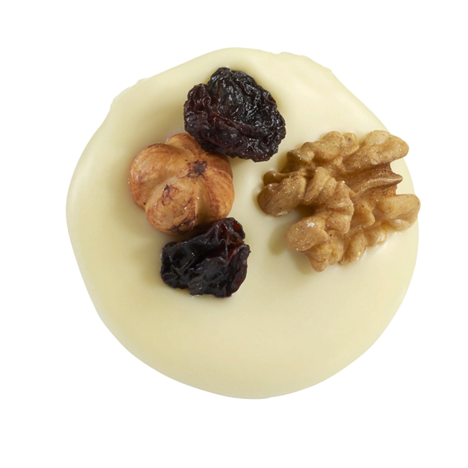 White Mendiant by Jag Couture London, a 14g white chocolate disc with nuts and raisins, displayed on a white background.