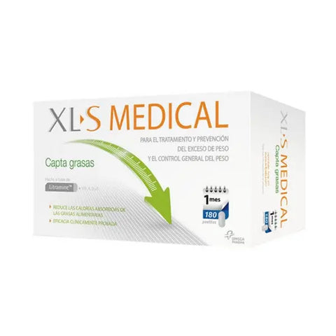 Xls Medical Weight Control 180 tablets by Jag Couture London New York, showing the product packaging and tablets inside the bottle.