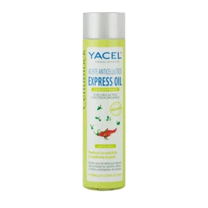 Yacel Cellublock Express Anti-Cellulite Oil by Jag Couture London New York in a 150ml bottle, with a sleek label and pump dispenser.