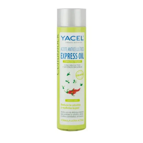 Yacel Cellublock Express Anti-Cellulite Oil by Jag Couture London, 150ml, with a sleek bottle and application pump.