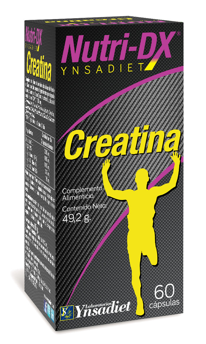 Ynsadiet Creatina 60 Caps supplement by Nutri Dx, featuring white capsules on a plain background, ideal for muscle and energy support.