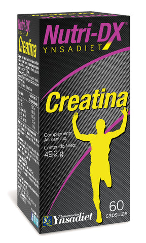 Ynsadiet Creatina 60 Caps supplement by Nutri Dx, featuring white capsules on a plain background, ideal for muscle and energy support.